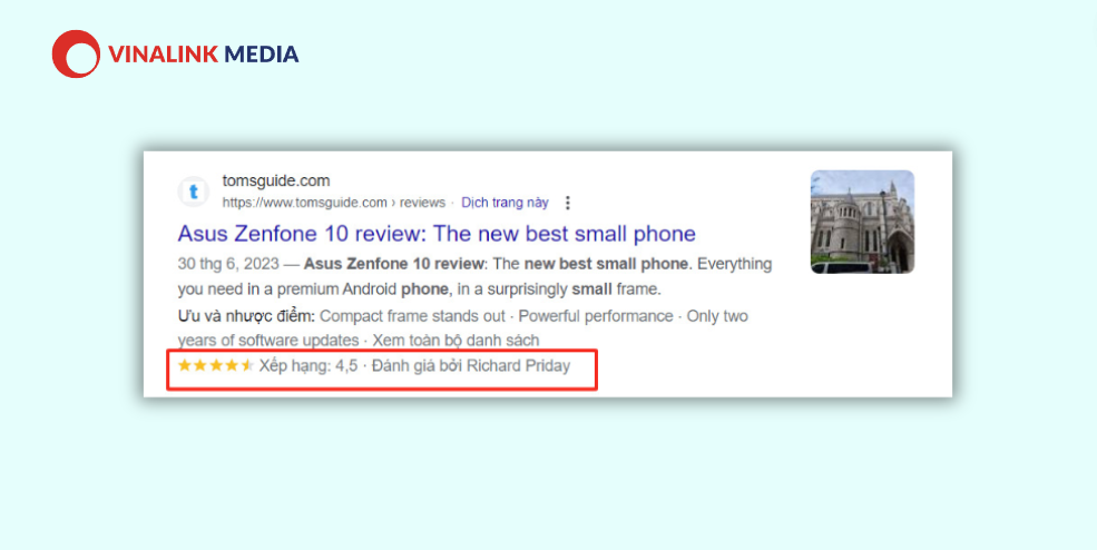 Rich Snippets Reviews hiển thị mức đánh giá của người dùng về sản phẩm